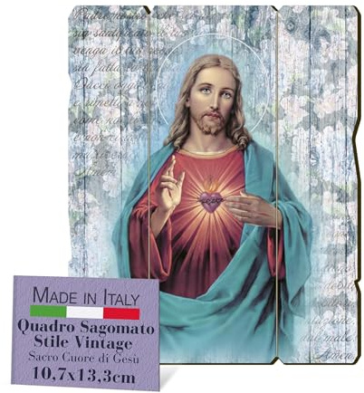 Brothers Bonella | Formad träbild i vintagestil av Jesu heliga hjärta f.to 10,7 x 13,3 cm | Tillverkad i Italien