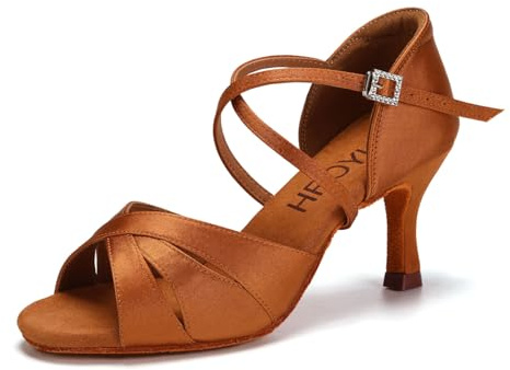 HROYL Dansskor dam, latin, salsa, dansskor dam, standard och latin, satin, balsal, Brun mocka sula 7 cm klack L3047, 37 EU