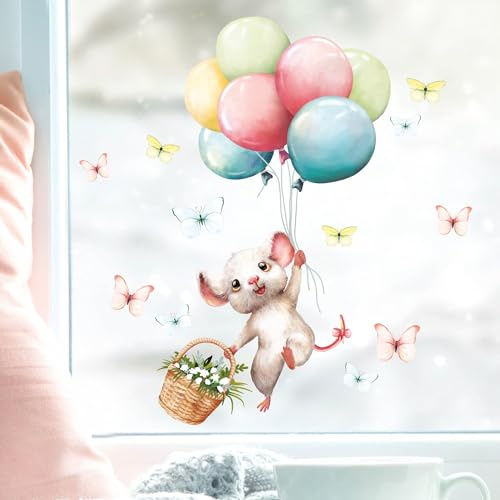 Fensterbild Frühling Ostern Maus Luftballons Schmetterlinge Fensterdeko Kinderzimmer Kind, Osterdeko Frühlingsdeko, 1. A4 Bogen