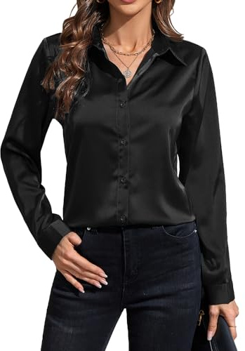 IBAOTORONI Chemises boutonnées en satin pour femme : chemisier à manches longues en soie à col classique boutonné haut de travail décontracté