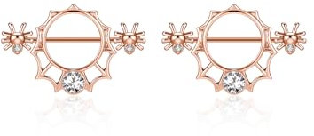 PiercingJak 2PCS Piercing Tétons Mamelon Femme Acier Inoxydable Toile d'Araignée Strass Anneaux Mamelon Téton Anneaux de Téton 14Ga Rose Or Bijoux de Corps Femme Fille Sexy Punk