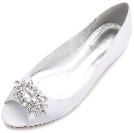ottspu Peep Toe Satin Luxueux Strass De Mariage Appartements Appartements pour Mariée Bal De Bal De Mariée Partie Robe Appartements,Blanc,44 EU