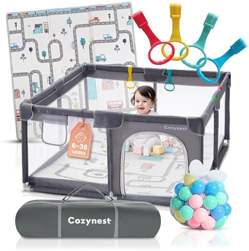 COZYNEST Parque Infantil Bebe 120x120 cm con Alfombra Acolchada, 30 Bolas y Bolsa de Viaje - Corralito Portátil con 4 Agarraderas - Seguro, Rápido de Montar y Divertido