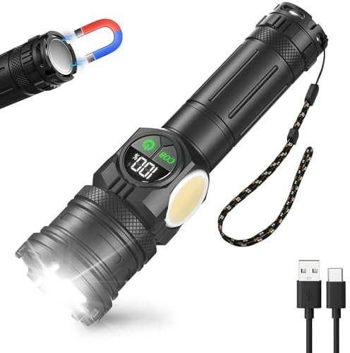 Torch LED Super Bright 5000L Rechargeable 10H Long Battery Life Flashlight with Battery Display,Red Light, Warm Camping Light, Zoomable for Camping, Dog Walking, Emergency IP65 Waterproof