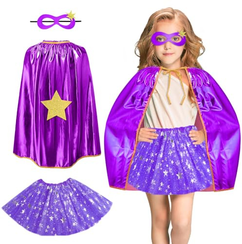 AUYAO Barnhjälte Kostym Kostym Set Med Kappa Och Mask - 2 Delar Superhjälte Barnklänning För Karneval/Halloween/Fest/Cosplay - Superhjältar Leksaker Kappa För 3-12 År, 3 delar-lila, 3PZ