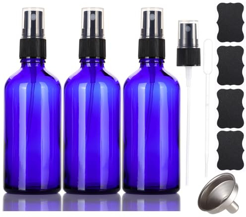 ALIFEIA 100ml Glass Blue Spray Bottles,Small Empty Fine Mist Refillable Travel Spray Bottle for Cleaning,Perfume,Aromatherapy,Cosmetic Sprays,Hair,Essential Oils with Fine Mist Dispenser（3 Pack）