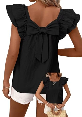 TUUHAW Femme Chemisier Summer Top Chic Et Élégant Haut À Volants Tunique Été Lâche Mousseline Blouse avec Dos À Nœud Noir XL