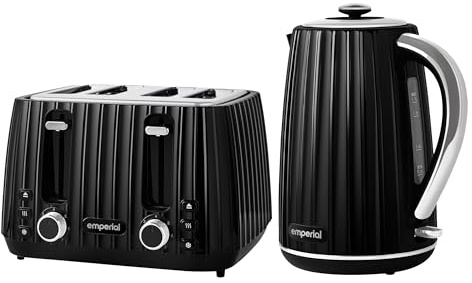 Emperial Flow Kettle and Toaster Set | 1.7L Cordless Electric Kettle | 4 Slice Toaster with Adjustable Browning | High Gloss Grooved Design (Black)