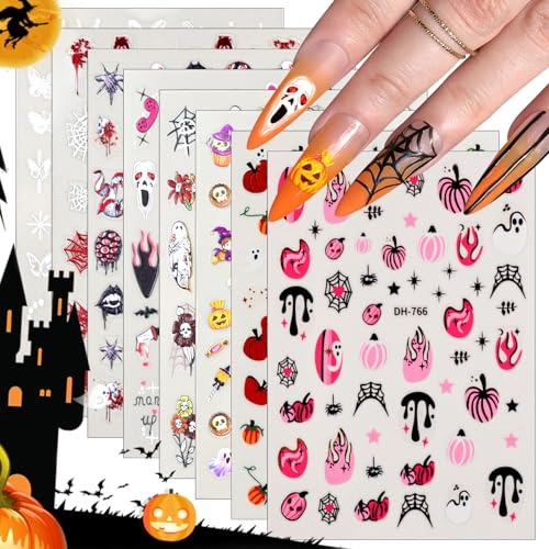 BISHENGYF Pegatinas Uñas Halloween 8Pcs, Calcomanías de Uñas 3D Autoadhesivas (Calabaza, Fantasma, Murciélago, Calavera) para Mujeres y Niñas Fácil Aplicación para Fiestas, DIY Accesorios de Manicura