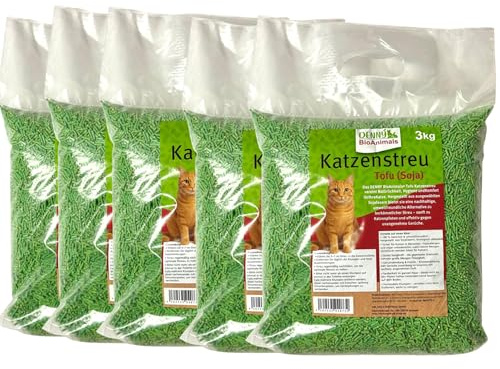 Tofu Katzenstreu 15 kg (5 Säcke je 3 kg), 40L – 100% natürlich & biologisch abbaubar – Ultra saugstark, klumpend, staubfrei & geruchsneutral – nachhaltige Katzenstreu aus Pflanzenfasern.