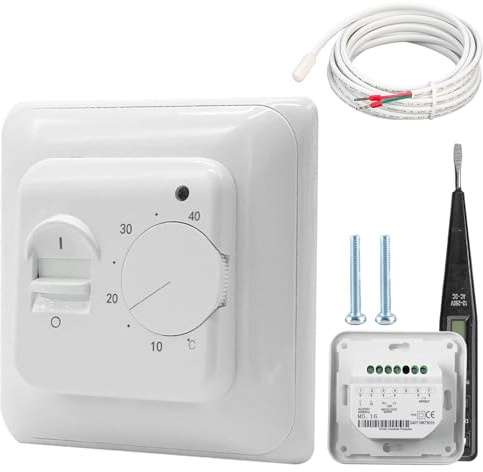 Termostato per ambiente, termostato per ambiente, riscaldamento a pavimento, 230 V, 16 A, termostato meccanico per ambiente con perno di prova a induzione, termostato per riscaldamento a pavimento