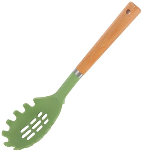 MOLUCKFU Cuillère Spaghetti Silicone avec Manche Bois et Anneau Inoxydable Fourchette Pâtes Sécurisée Anti-déversement pour Servir Nouilles et Spaghettis Ustensile Couleur Aléatoire