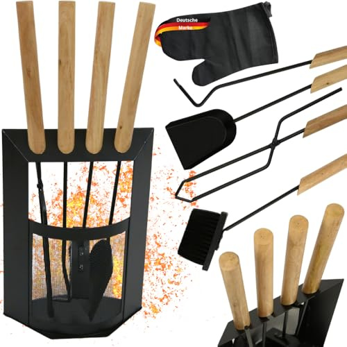 Kaminbesteck modern THEO | 6-teilig mit Holzgriff | Schürhaken Besen Ascheschaufel | Kamingarnitur Schwarz Ofenbesteck Kaminzubehör