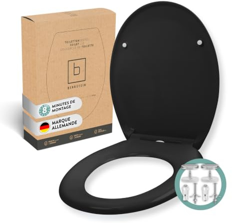 BENKSTEIN Asiento de inodoro premium antibacteriano ovalado negro - Tapa de inodoro de duraplástico con función de liberación rápida y cierre suave automático - Asiento de inodoro desmontable de acero