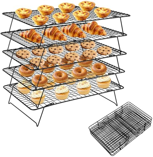 Les-Theresa Collapsible Cooling Rack for Baking, 3 Tier Stackable Baking Rack Durable Cake Cooling Rack, Non-Stick Cooling Tray Baking Accessories for Cakes Cookies Grilling (5 Tier)
