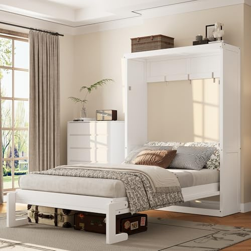 RuiSiSi Twin Size Murphy Bed Cabinet, Farmhouse Hideaway Murphy Cabinet Bed, Wood Hidden Wall Bed Frame Space-Saving for Home Office Small Room, Can Be Folded into a Cabinet, White