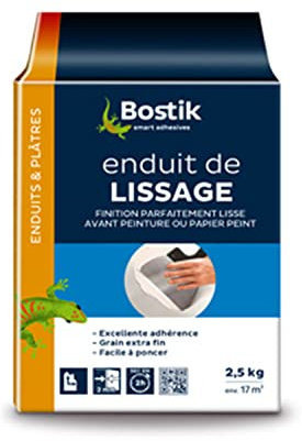 BOSTIK Enduit de Lissage Poudre Blanc - Sac de 2,5 kg | Lisse et Masque jusqu'à 2mm - Facile à Poncer - Tous Supports - Usage Intérieur