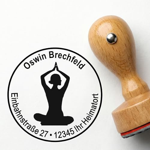 Stämpel adressstämpel YOGA kvinna diameter ca Ø 40 mm – med personlig adress och motiv – meditation yogalärare yogaskola