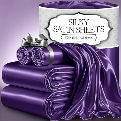 DECOLURE Satin Bed Sheets - 4 Piece Luxury Silky Queen Size Bedding Set - Softer Than Silk, Wrinkle-Free with 15” Deep Pocket Fitted Sheet, Perfect for Hair & Skin, Gifts for Women (Purple)