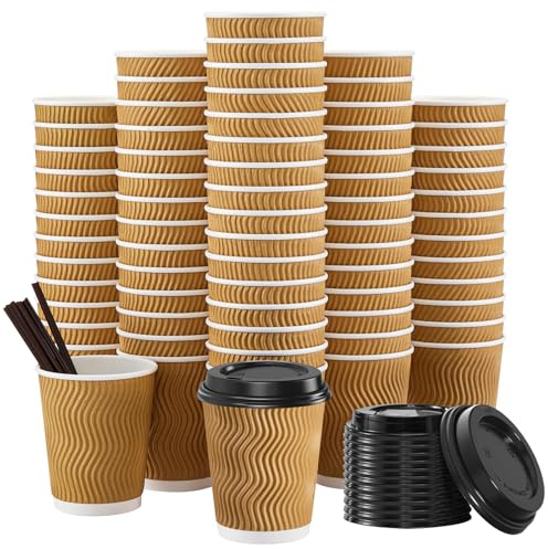 SIUQ 90 Pack - 8 oz Disposable Coffee Cups with Lids and Straws,To go Coffee Cups,Insulated Corrugated Paper Cups,Kraft Ripple Wall Cups for Hot Beverage or Cold Drinks -Champagne