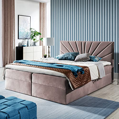 FURNISTAR Boxspringbett Doppelbett TEO - Bett mit Bonellmatratze, mit Bettkasten für Bettwäsche und Topper. Gepolsterte Kopfstütze in 3 verschiedenen Varianten (Altrosa, 180x200 TEO 2)