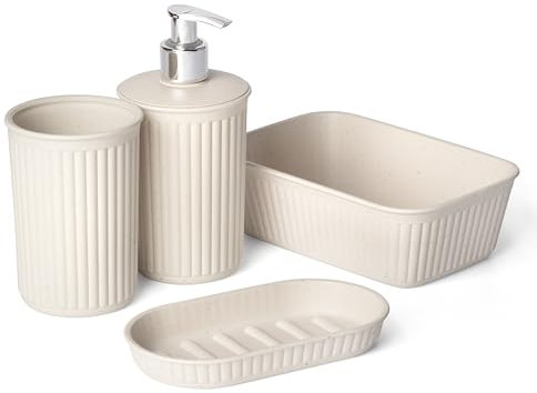 TATAY Badezimmer Zubehör Set 4-teilig (Zahnputzbecher + Seifenspender + Seifenschale + Organizer A6) Baobab ECOHOME, Polypropylen, BPA frei, 100% Recycelter Kunststoff, Beige
