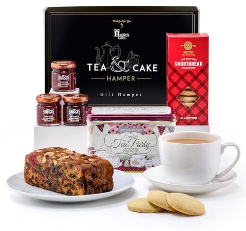Hattie’s Gifts Afternoon Tea Hamper – Luxury Christmas Food Gifts with Fruit & Nut Cake, Scottish Jams, All-Butter Shortbread & English Breakfast Teabags – Gourmet Hamper for Women & Men