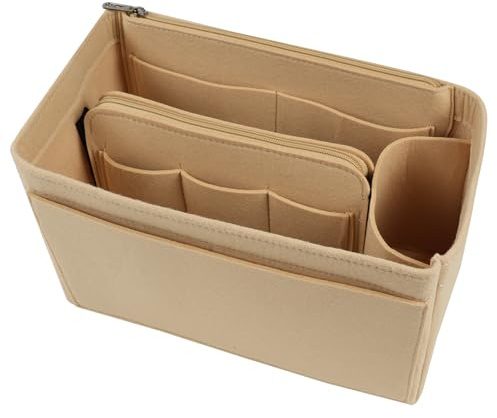 flintronic Handväska i filt, organiserare, tygväska, organiserare, insats, handväska med flera fack, stor kapacitet, resesminkorganisering, förvaringsväska, beige-L