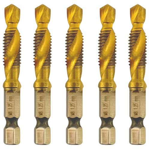 Rennie Tools - Pack Of 5 - M8 x 1.25 Combination Drill and Tap Bit, 1/4 Hex Shank. Metric Coarse Titanium Coated HSS Spiral Flute Drilling Tapping Tool. 8mm x 1.25mm Pitch Drill Bit.