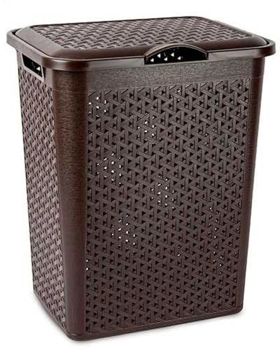 AC - Cesto para Ropa Sucia con Tapa y Asas - Plástico - Fabricado en España - Cubo pongotodo para Colada - Diseño imitación Mimbre - 38 litros - 49 x 38,5 x 29,5 cm - Wengué