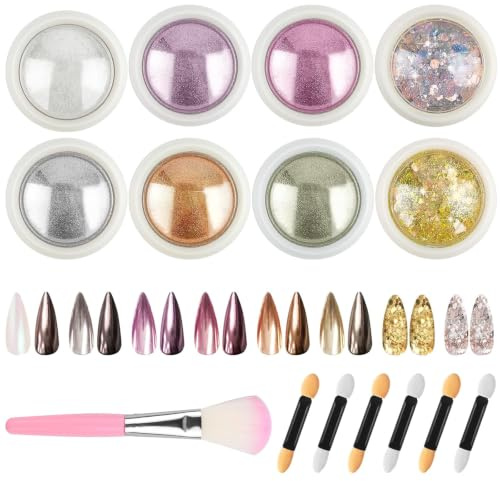 Hengxinchen 8 Farben Chrome Nail Powder, Glassy Pearl Effect Neonail, Nagelpuder für Nageldesign, Nagel Glitzer Pulver mit Neonail Glassy Pearl Effect, Cromepulver Nägel Set mit Lidschattenstifte