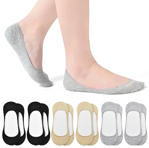 RYI 6 Pairs Cotton Ultra No Show Socks Womens For Flats Loafer Non Slip Womens Footies Invisible Low Cut Socks Size 5-9