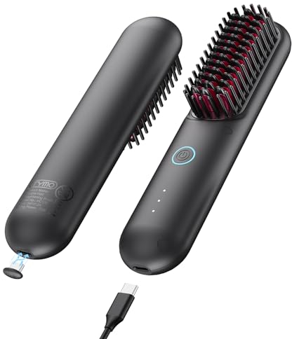 TYMO Cordless Hair Straightener Brush - Porta ECO Portable Straightening Brush for Travel, Mini Hot Straightening Comb for Women, Ceramic Coating, Lightweight for Touch-ups, Anti-Scald, Black