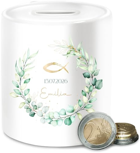 Spardose - Geschenk Taufe Fisch Motiv Eukalyptuskranz | Taufgeschenk mit Name und Datum - Unisize - Weiß - Geld verpackung zur Taufe￼ Geschenke firmung konfirmation spardosen taufgeldgeschenk