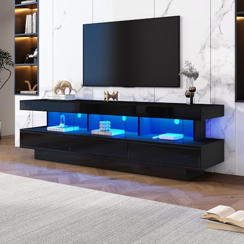 Merax TV-Schrank, Lowboard für Fernseher bis zu 70 Zoll, TV Board in Schwarz Hochglanz mit LED-Beleuchtung, Moderner Fernsehtisch mit 3 Glasfächern, 3 Schubladen, TV-Möbel für Wohnzimmer, Esszimmer