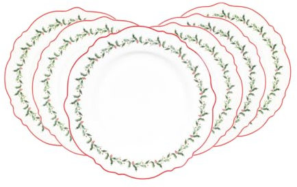 Artime - Lot De 6 Grandes Assiettes En Porcelaine, Ø27,5 Cm, Motifs De Noël Avec Rebords Rouges Et Houx, Collection Souvenirs D'Antan, Élégantes Pour Repas Festifs De Fin D'Année