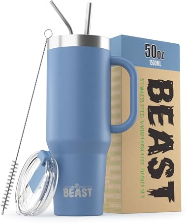 Beast Tumbler with Handle - 1500 ml (50 oz), Stormy Sky | Reusable Stainless Steel, Vacuum Insulated Cup | with + 2 Straws & Cleaning Brush | Double Wall Travel Flask Perfect for Hot or Iced Coffee