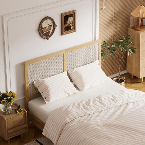 MSFE Kopfteil 140 cm, Bettkopfteil aus Natürliches Massivholz, Rattan Kopfteil im Bohemian-Stil, Atmungsaktiv und erfrischend, Betthaupt Bettkopfteil für Bett Bettrahmen Bettgestell Schlafzimmer