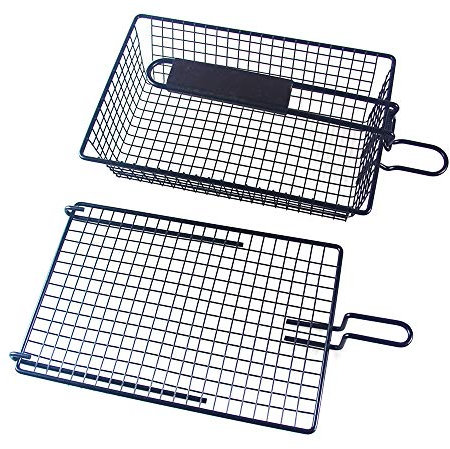 Antihaftbeschichteter Grillkorb mit Holzgriff, Ideal für Fisch, Gemüse, Steakfleisch, Garnelen, mit Deckel, Grillwerkzeug aus Metall Zum Grillen