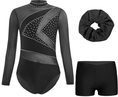 Oyolan Mädchen Turnanzug Glitzer Langarm Gymnastikbody mit Kurze Hose und Haarband Set Wettbewerb Tanzkleidung