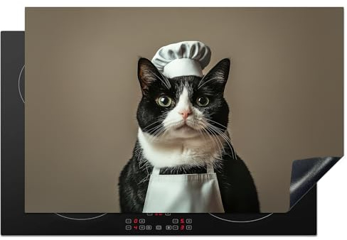 KitchenYeah© Herdabdeckplatte Einteilig Herdabdeckung Abdeckplatte | 80x52 cm - Ceranfeld Abdeckung Induktionskochfeld Aufrollbare Matte Katze - Koch - Kleidung - Schwarz - Weiß
