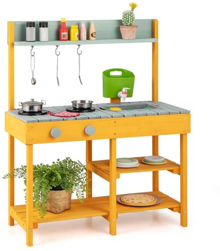HOMASIS Cocina Infantil de Barro, Cocina Juguete con dispensador de Agua, Fregadero, Cocina de Juegos de Madera con Sonido, 3 Ganchos y estantes, para Exterior, niños de 3+ años, 75x35x92cm (Naranja)
