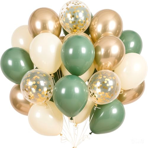 Ballonger grönt guld, 60 stycken ballonger salviagrön vit, ballonger eukalyptus grön, ballonger födelsedag grön vit guld konfetti latexballonger för födelsedag, bröllopsdekoration