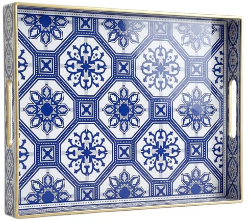 Simmer Stone Rektangulär – dekorativ bricka i plast med handtag modern sminkservering för ottoman, soffbord, kök och badrum 40 x 30 cm (blått vitt porslin)