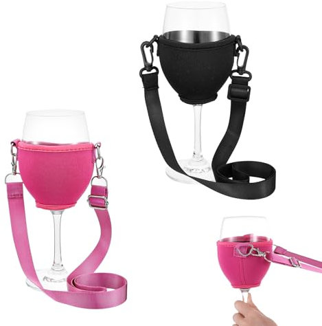 Oruola 2 bicchieri da vino da portare a tracolla, portabicchieri per Natale, compleanno, matrimonio, festa, supporto per bicchiere da vino, vinholder portatile (nero e rosso rosa)