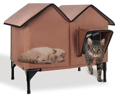 Outdoor Cat House, Large Waterproof Cat Kennel with Elevated Base, Pet House for Indoor Outdoor Cats and Small Dogs, Feral Cat Shelter for Multiple Cats, Brown
