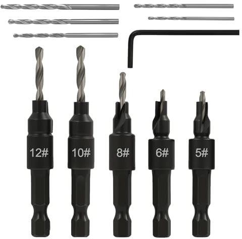 5 Pièces Jeu de Forets à Chanfreiner, Fraises Tige hexagonale Réglable 1/4 Changement Rapide, Foret à Fraiser Bois, Mèches à Fraiser Remplaçables avec Clé Hexagonale, pour Bois, PVC, Plastique