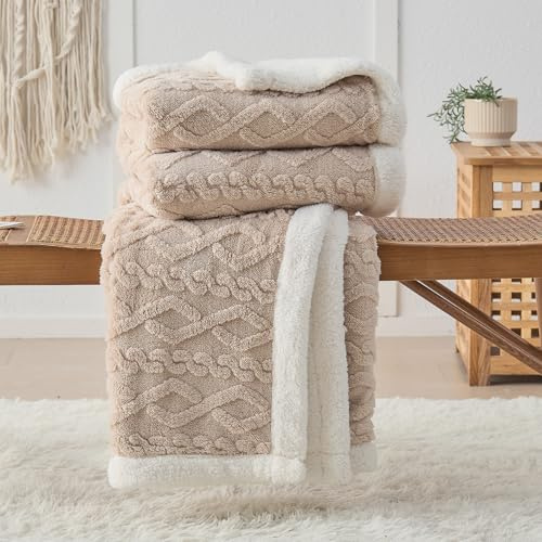 DECMAY Kuscheldecke Flauschig 200x230 Kuscheldecke Decke Sofa Strickdecke, Wohndecken Sofadecke Doppelgesicht Extra Weich, Wolldecken für Couch, Khaki