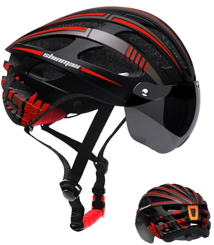 Shinmax Casco de bicicleta para hombre y mujer con visera, gafas magnéticas desmontables y carga USB, luz LED, ligero, transpirable, con 27 canales de ventilación, protección de seguridad ajustable