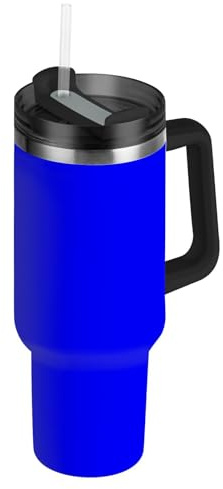 Amooorous Bleu uni – Gobelet isotherme réutilisable de couleur unie avec couvercle anti-fuite et paille – Grand mug à café décoratif en acier inoxydable pour eau, thé glacé ou café, 1200 ml